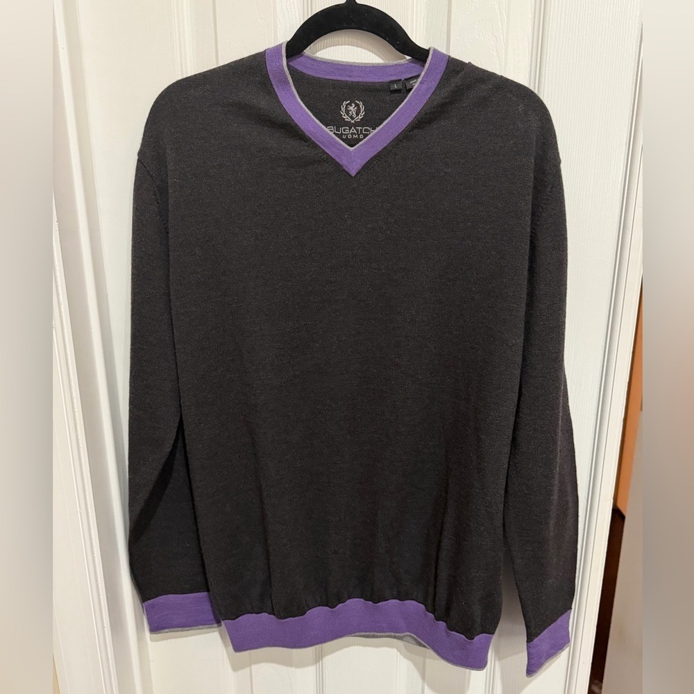 Bugatchi UOMO V-Neck Sweater in Purple and Black 100% Merino Wool L